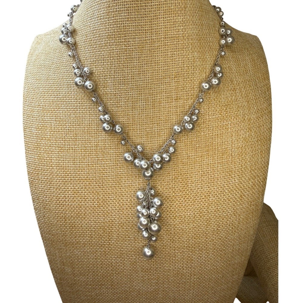 Pearlcore Mob Wife Glam Statement Y Lariat Cluster Faux Pearl Necklace Silver